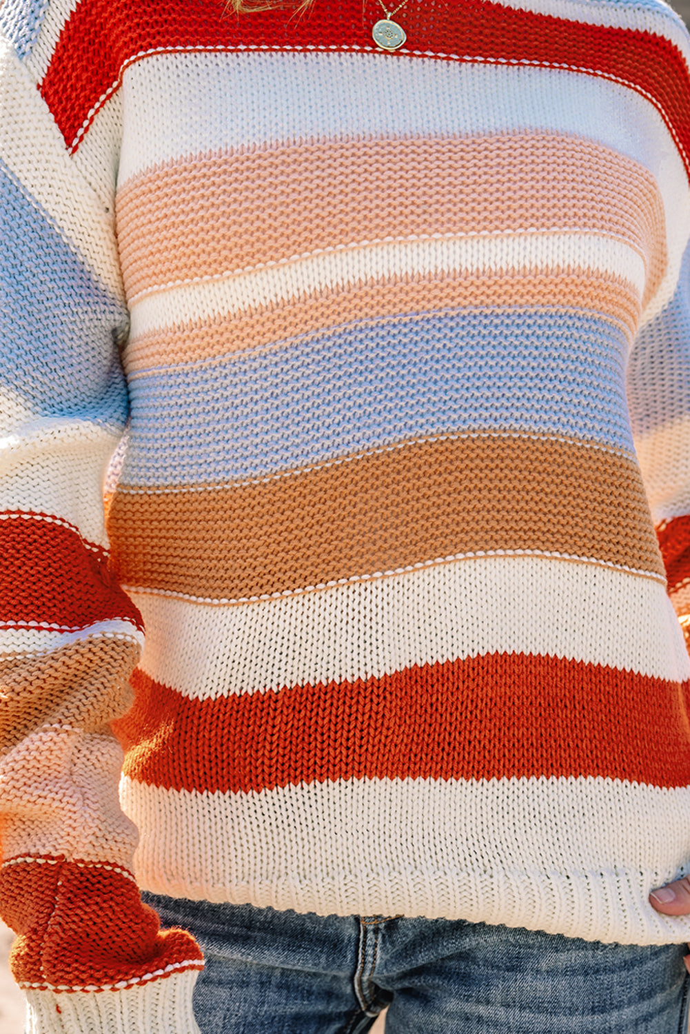 Pink Striped Colorblock Round Neck Drop Shoulder Sweater
