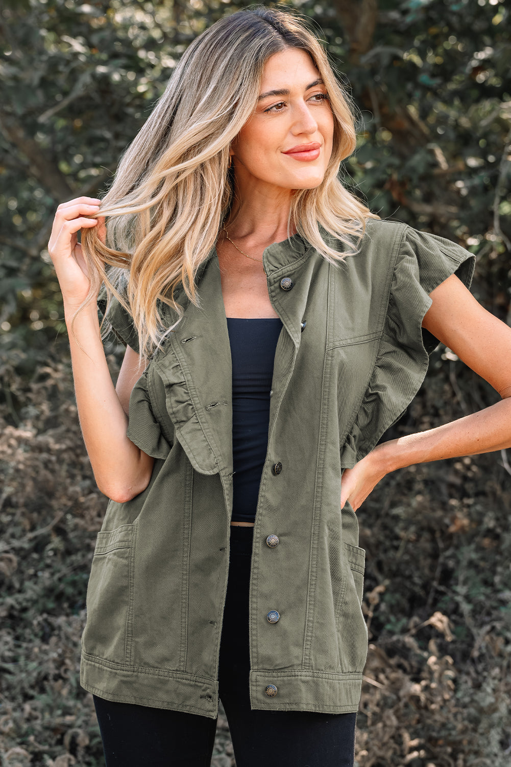 Green Bay Ruffled Patchwork Denim Jacket Vest