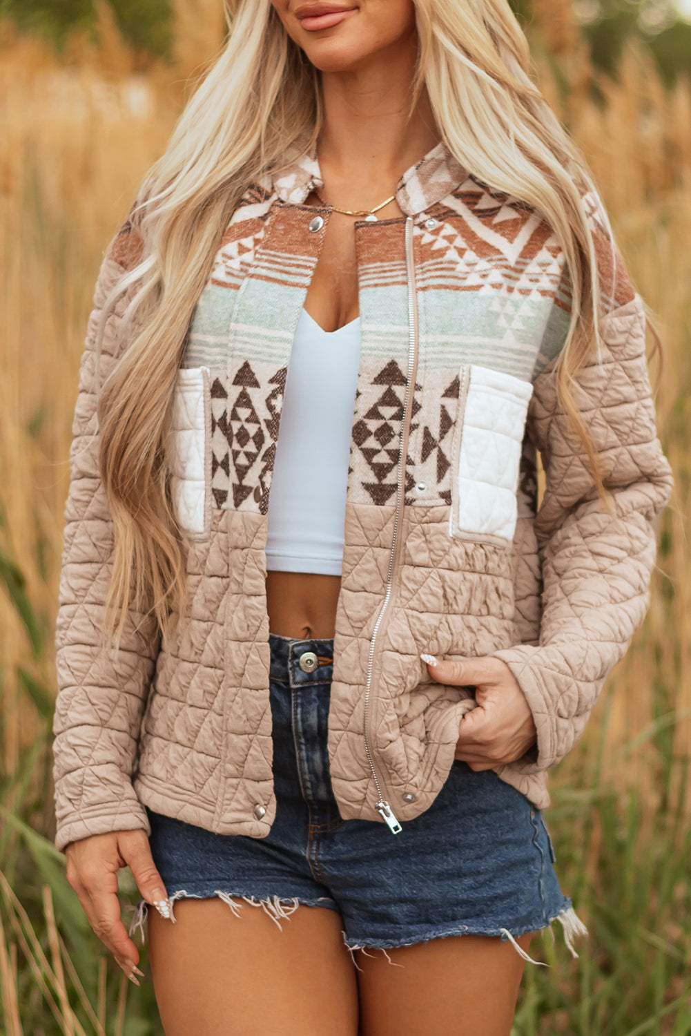 Light French Beige Aztec Quilted Patchwork Western Fashion Jacket