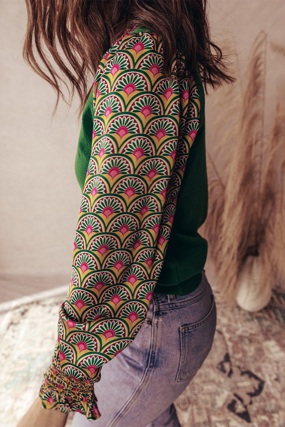 Blackish Green Floral Patchwork Shirred Cuff Puff Sleeve Sweater