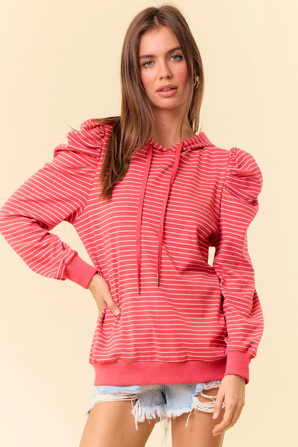 Red Stripe Puff Sleeve Stripe Hoodie
