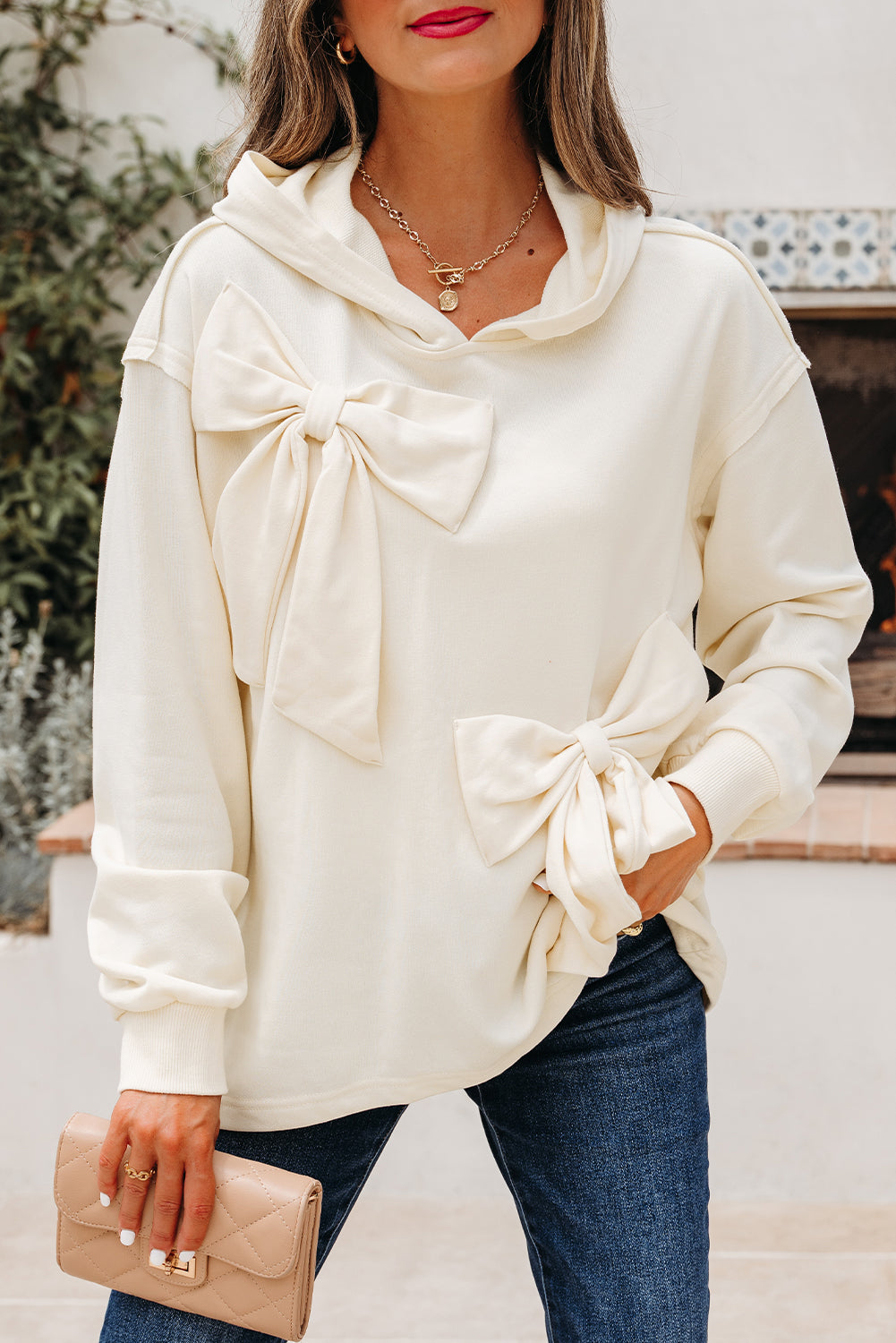 White Solid Color Cute Bow Detail Loose Hoodie