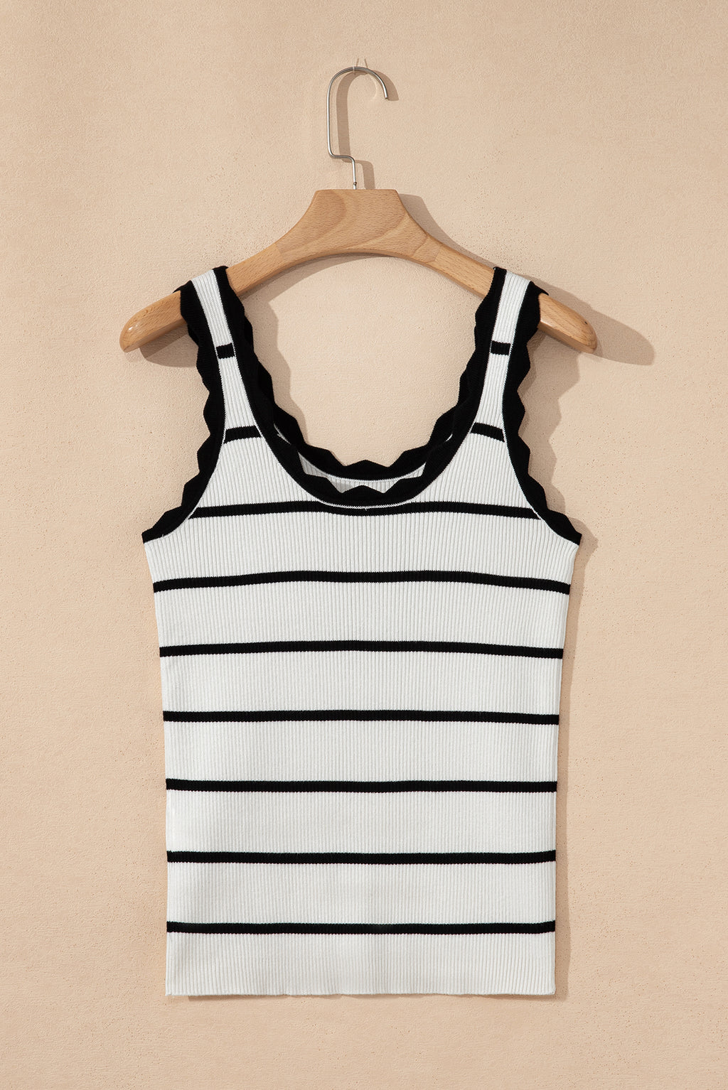 Black Striped Scalloped Edge U Neck Sleeveless Sweater Vest