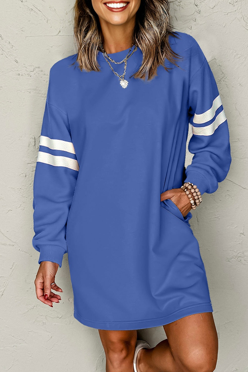 Sky Blue Varsity Contrast Banded Sleeve Shift Sweatshirt Dress