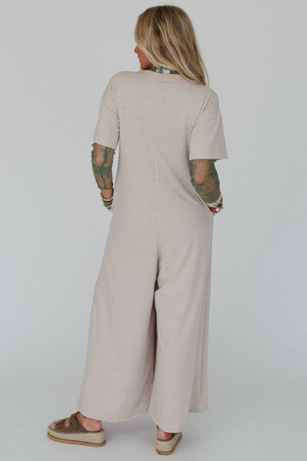 Beige Half Placket Chest Pockets Short Sleeve Wide Leg Jumpsuit