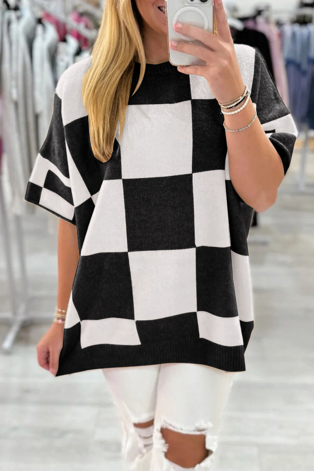 Black Checkered Pattern Loose Drop Shoulder Half Sleeve Sweater