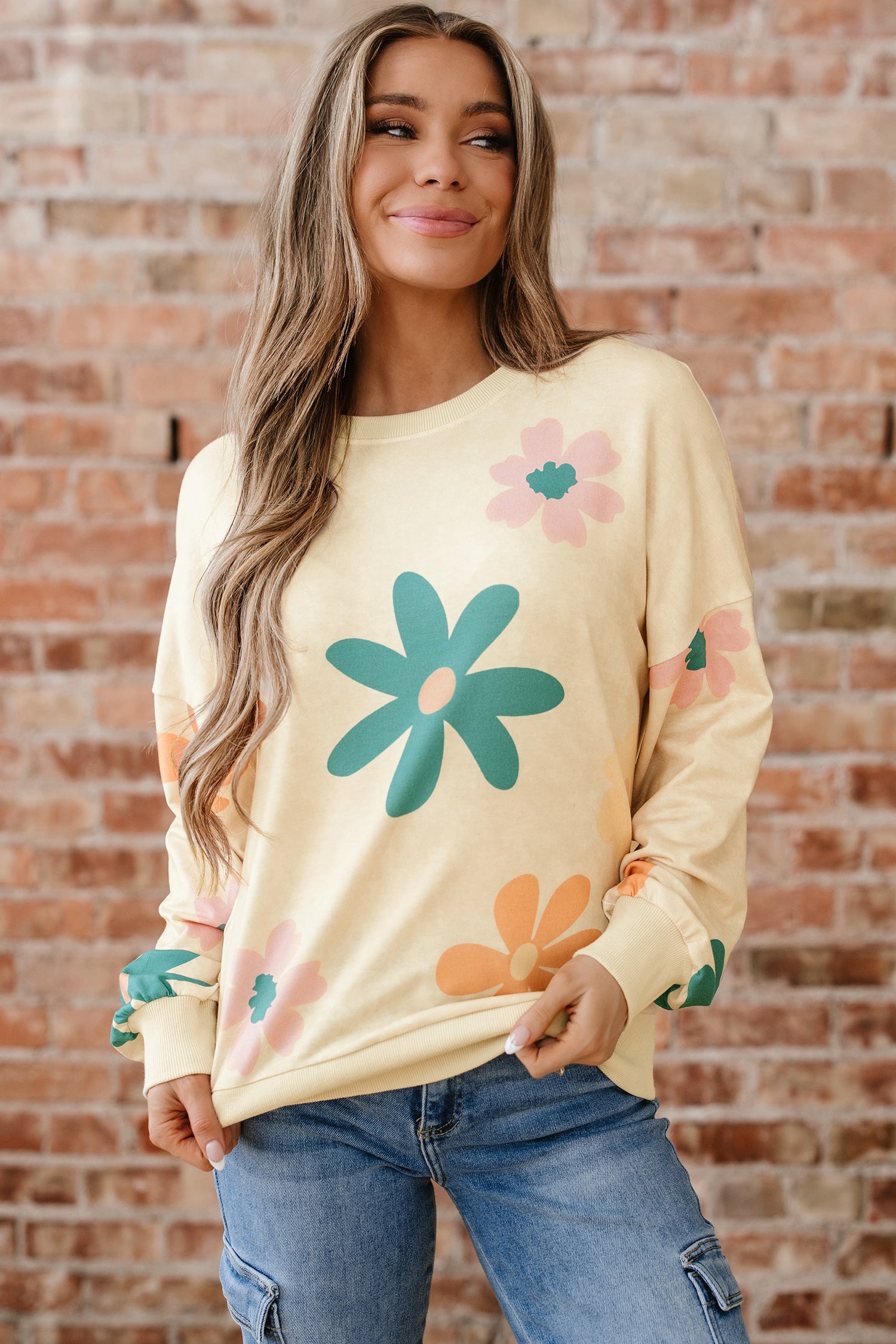 Khaki Mineral Washed French Terry Flower Print Sweatshirt