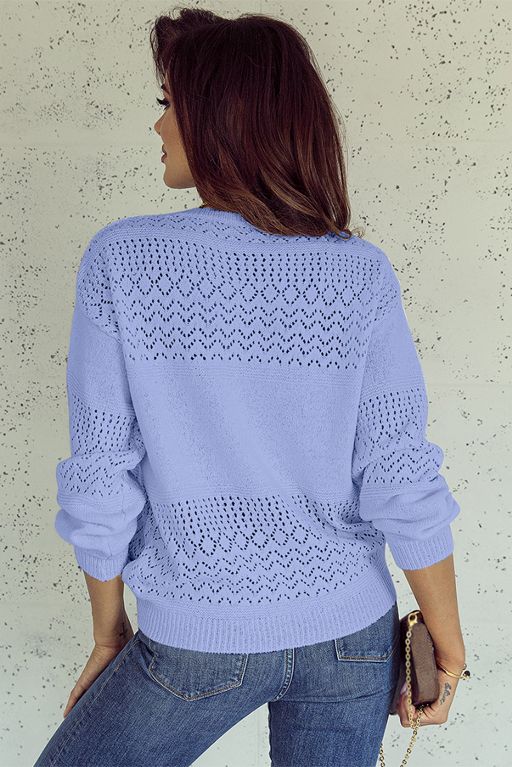Sky Blue Eyelet Pattern Detail V Neck Drop Shoulder Sweater