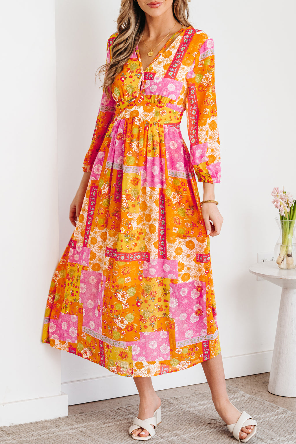 Orange Floral Patchwork Print Cut out Tied Back Bracelet Sleeve Maxi Dress