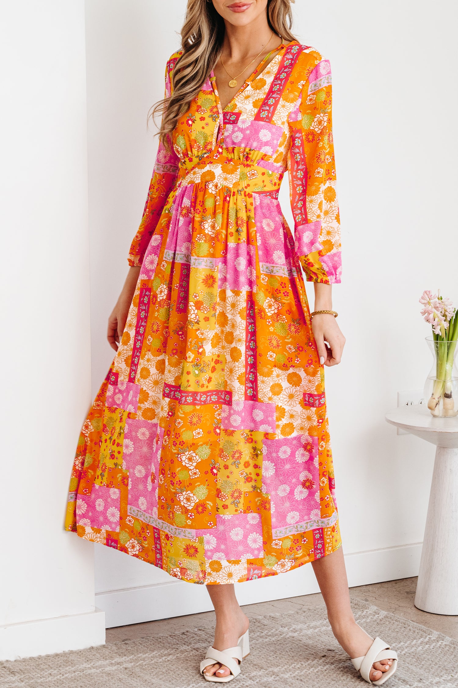 Orange Floral Patchwork Print Cut out Tied Back Bracelet Sleeve Maxi Dress
