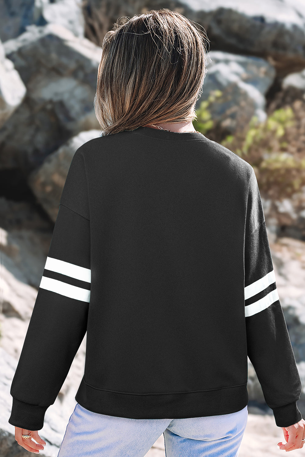 Black Varsity Striped Detail Drop Shoulder Oversized Sweatshirt