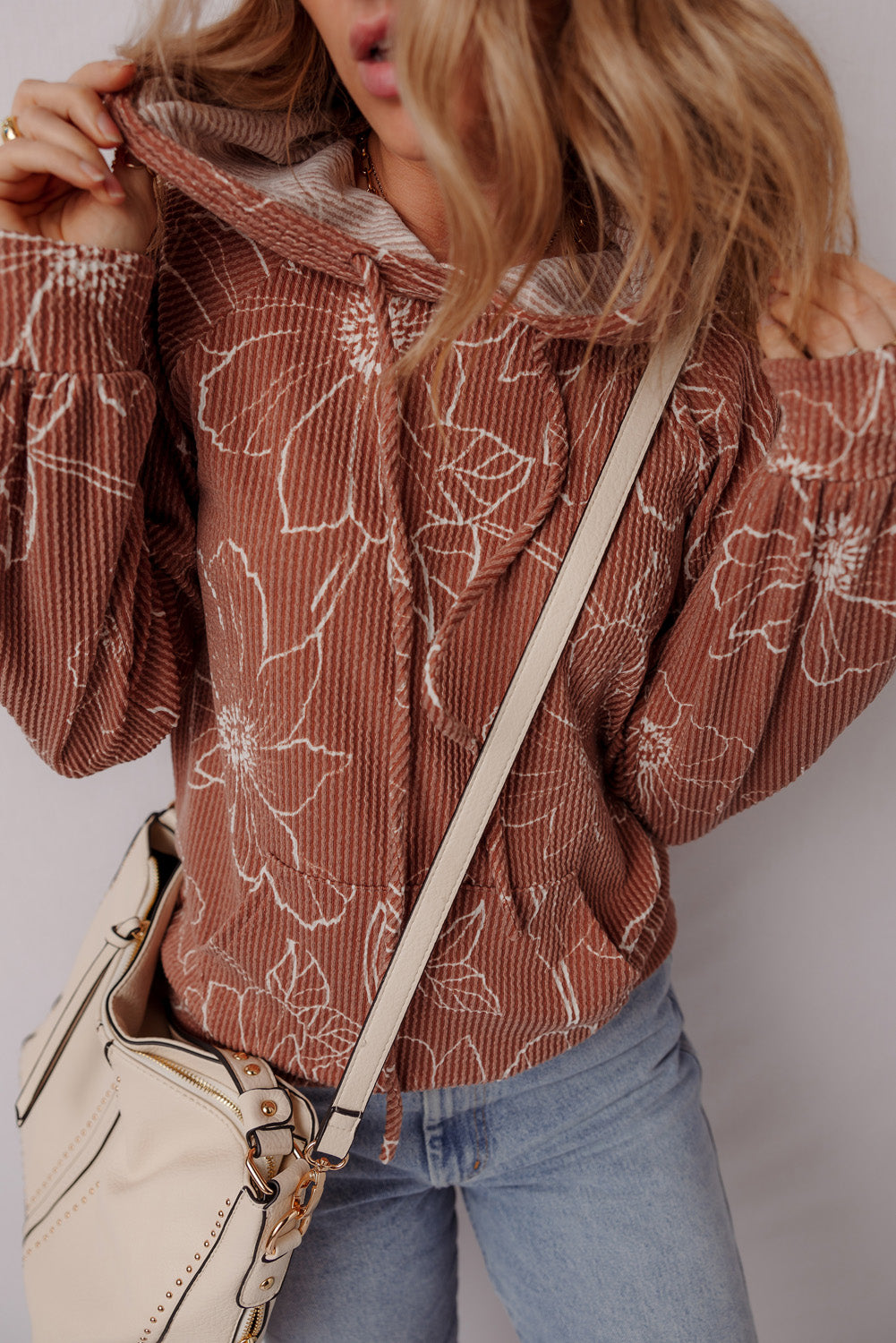 Brown Floral Twisted Rib Drawstring Kangaroo Pocket Hoodie