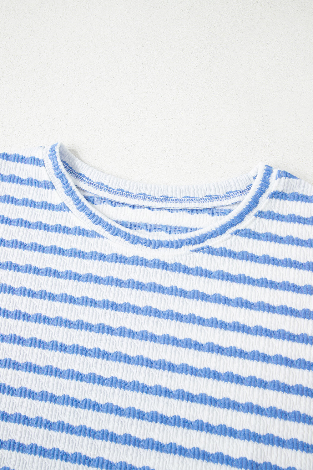 Sky Blue Stripe Knitted Short Sleeve Top and Drawstring Shorts Set