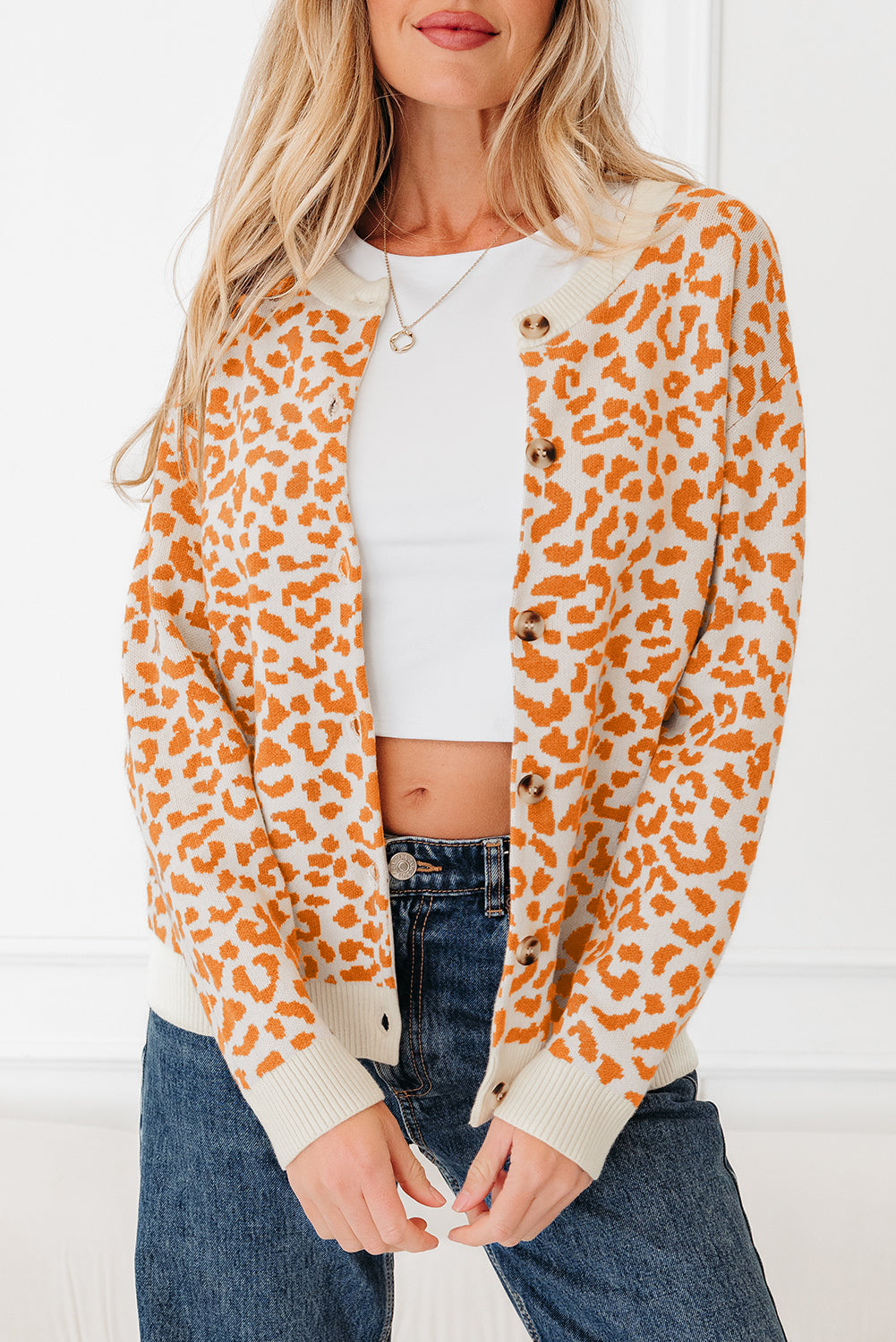Orange Leopard Drop Shoulder Chunky Knitted Cardigan Sweater