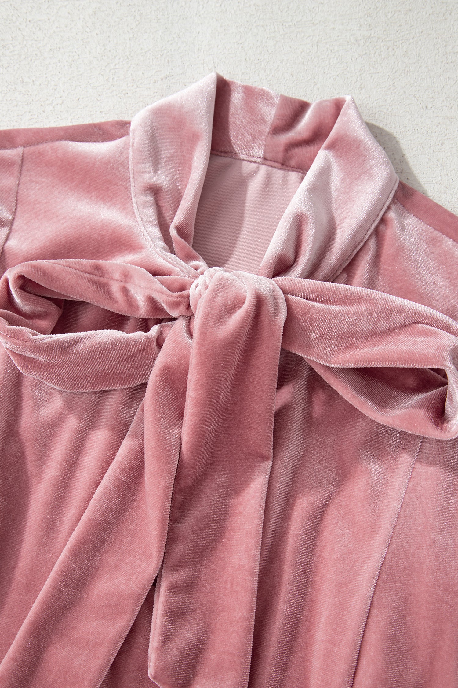 Fushia Solid Color Velvet Ribbon Bow Knot Long Sleeve Blouse