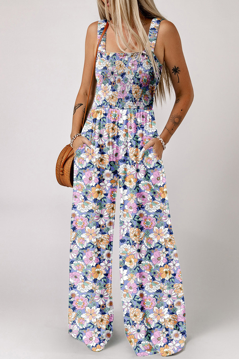 Purple Floral Print Smocked High Waist Square Neck Jumpsuit
