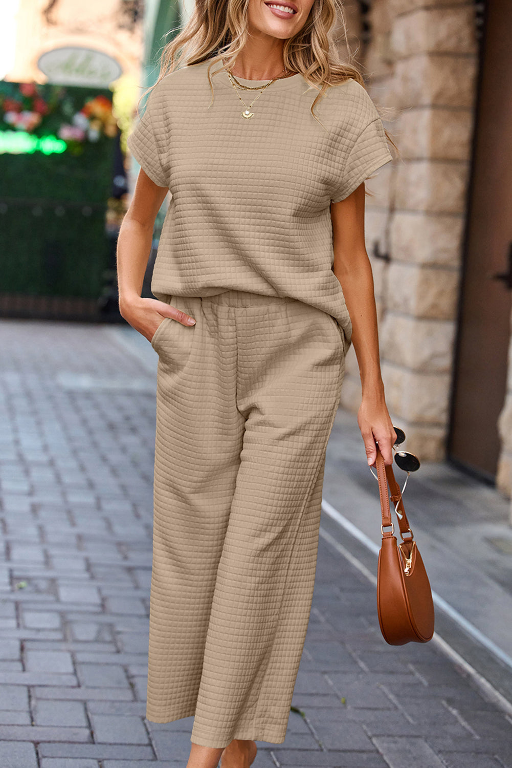 Parchment Solid Color Textured Short Sleeve Top and Casual Pants Set