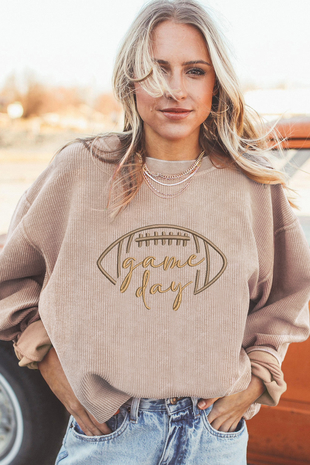 Apricot Rugby Game Day Embroidered Corduroy Sweatshirt