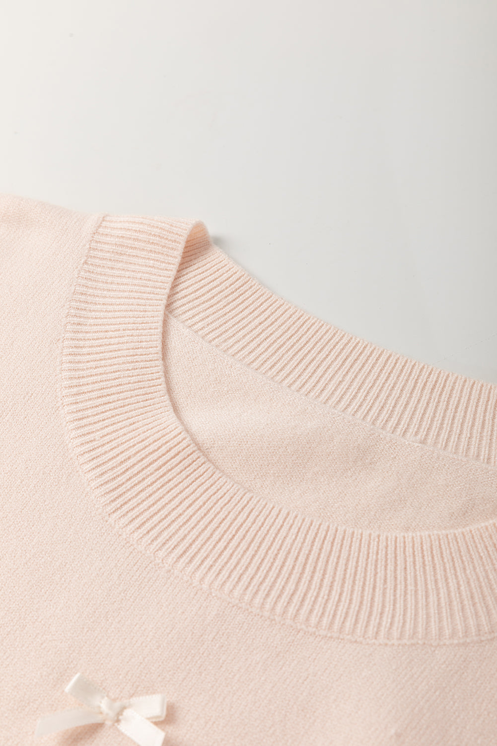 Oatmeal Pearl Bow Embellished Dolman Short Sleeve Sweater