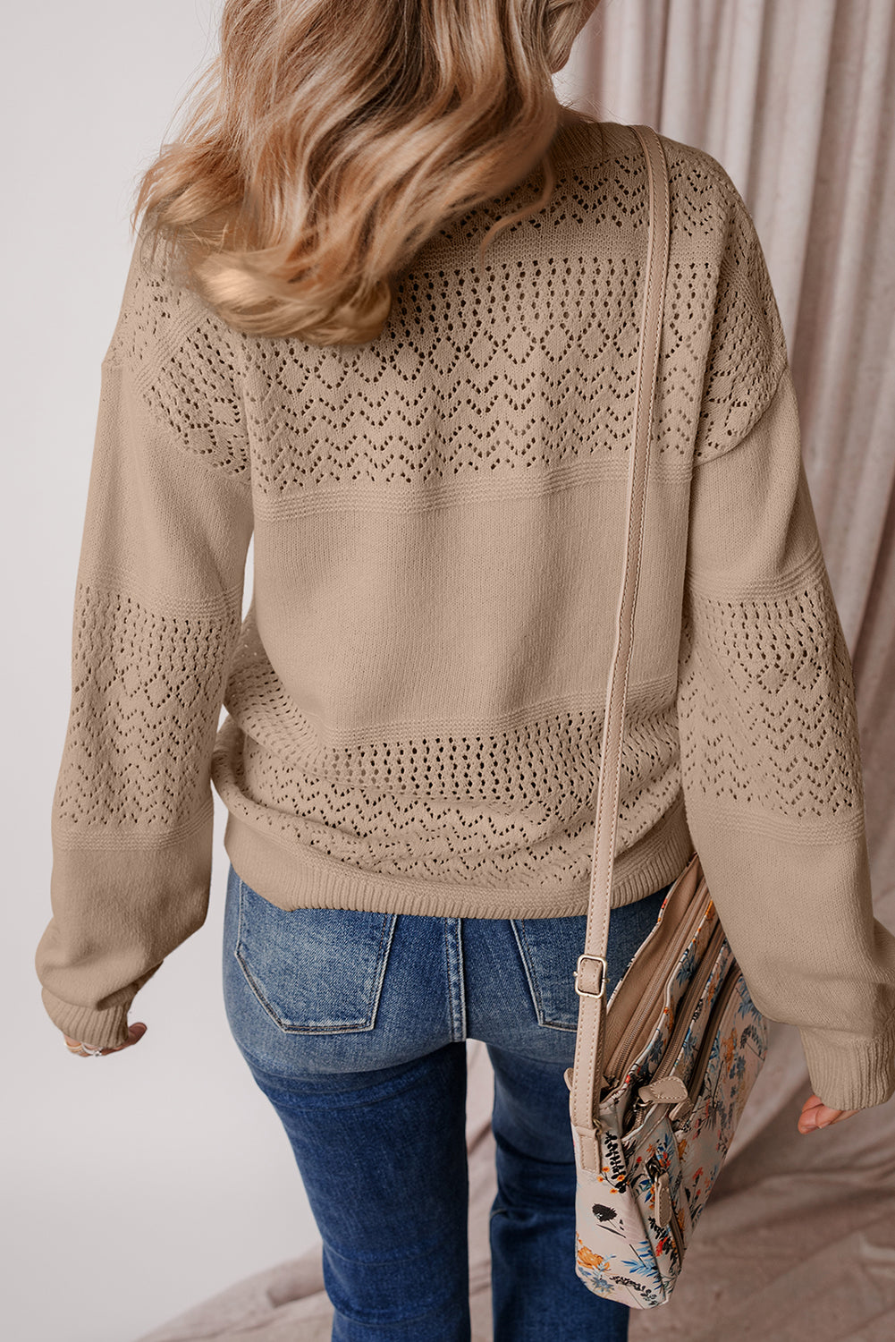 Camel Eyelet Pattern Detail V Neck Drop Shoulder Sweater