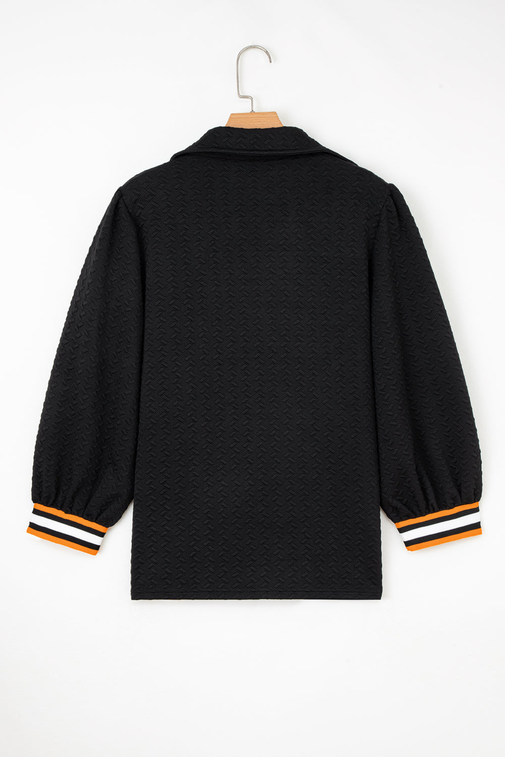 Black Stylish Textured Striped Patchwork Polo Collar Pullover Sweatshirt
