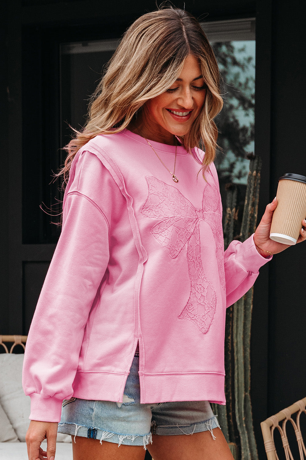 Bonbon Lace Insert Bow Embroidered Exposed Seam Sweatshirt