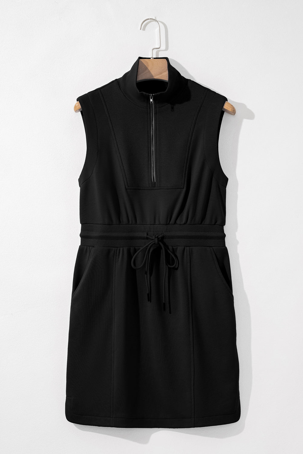 Black French Terry Zipped Collar Sleeveless Drawstring Waist Mini Dress