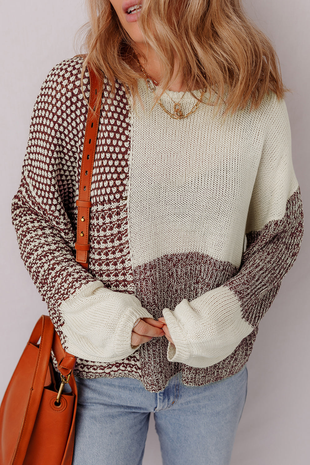 Dark Khaki Color Block Back Tie Drop Shoulder Loose Sweater