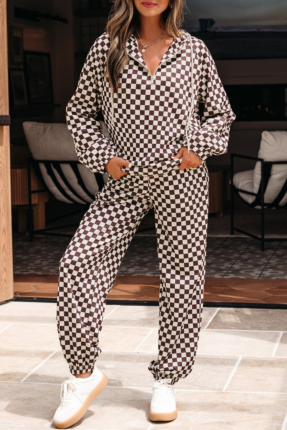Black Athleisure Checkered 2pcs Pants Set