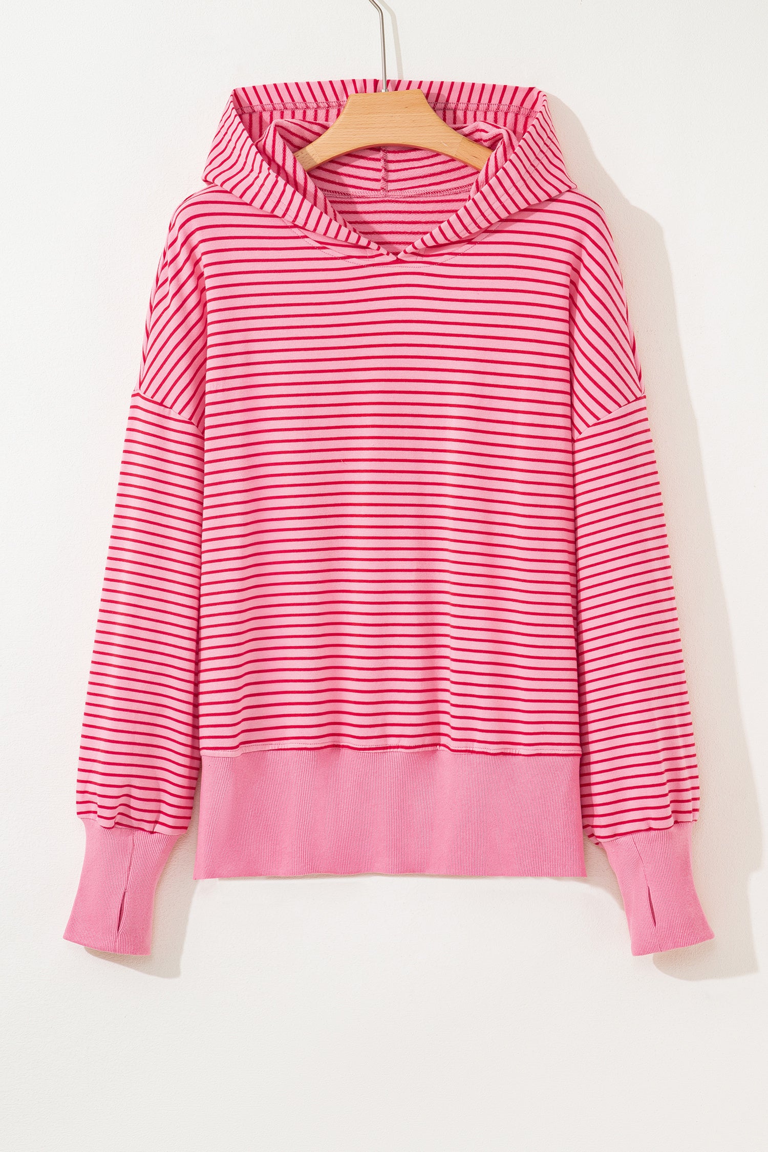 Rose Stripe Thumbhole Side Slits Drop Shoulder Loose Fit Hoodie