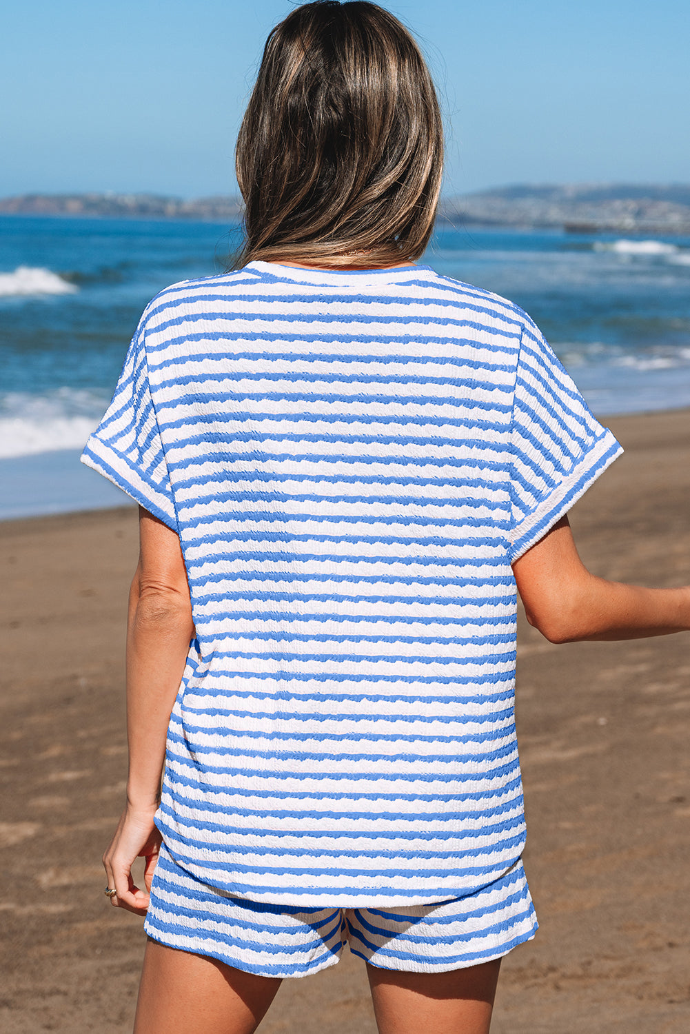 Sky Blue Stripe Knitted Short Sleeve Top and Drawstring Shorts Set