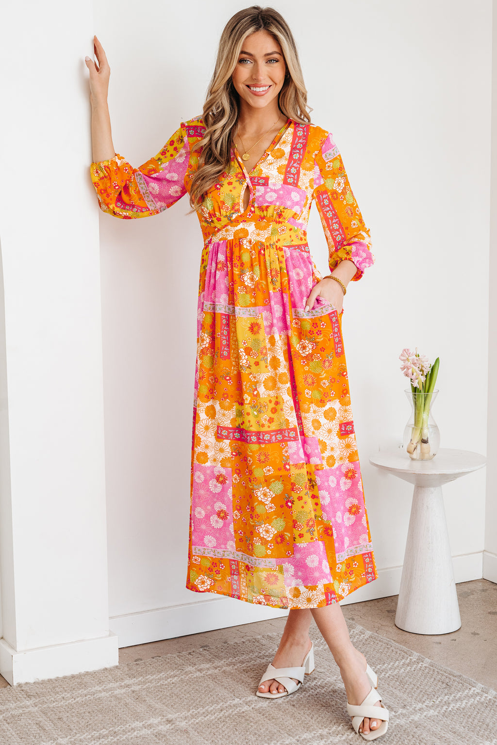 Orange Floral Patchwork Print Cut out Tied Back Bracelet Sleeve Maxi Dress