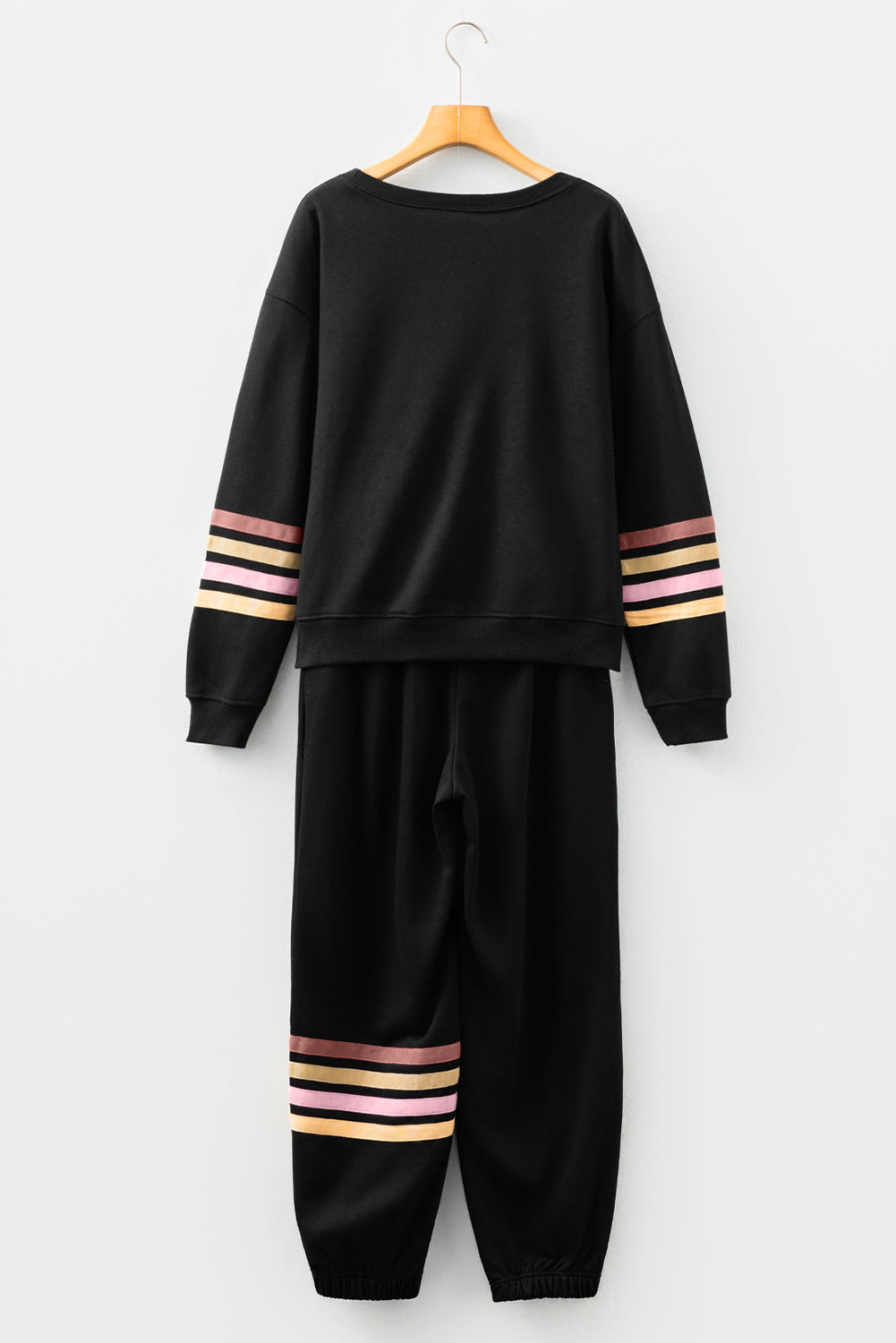 Black Striped Drop Shoulder Round Neck Pullover and Jogger Pants Active Outfit