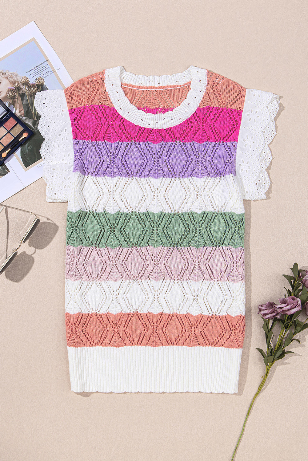 Rose Stripe Colorblock Hollowed Knit Scallop Edge Sweater Vest