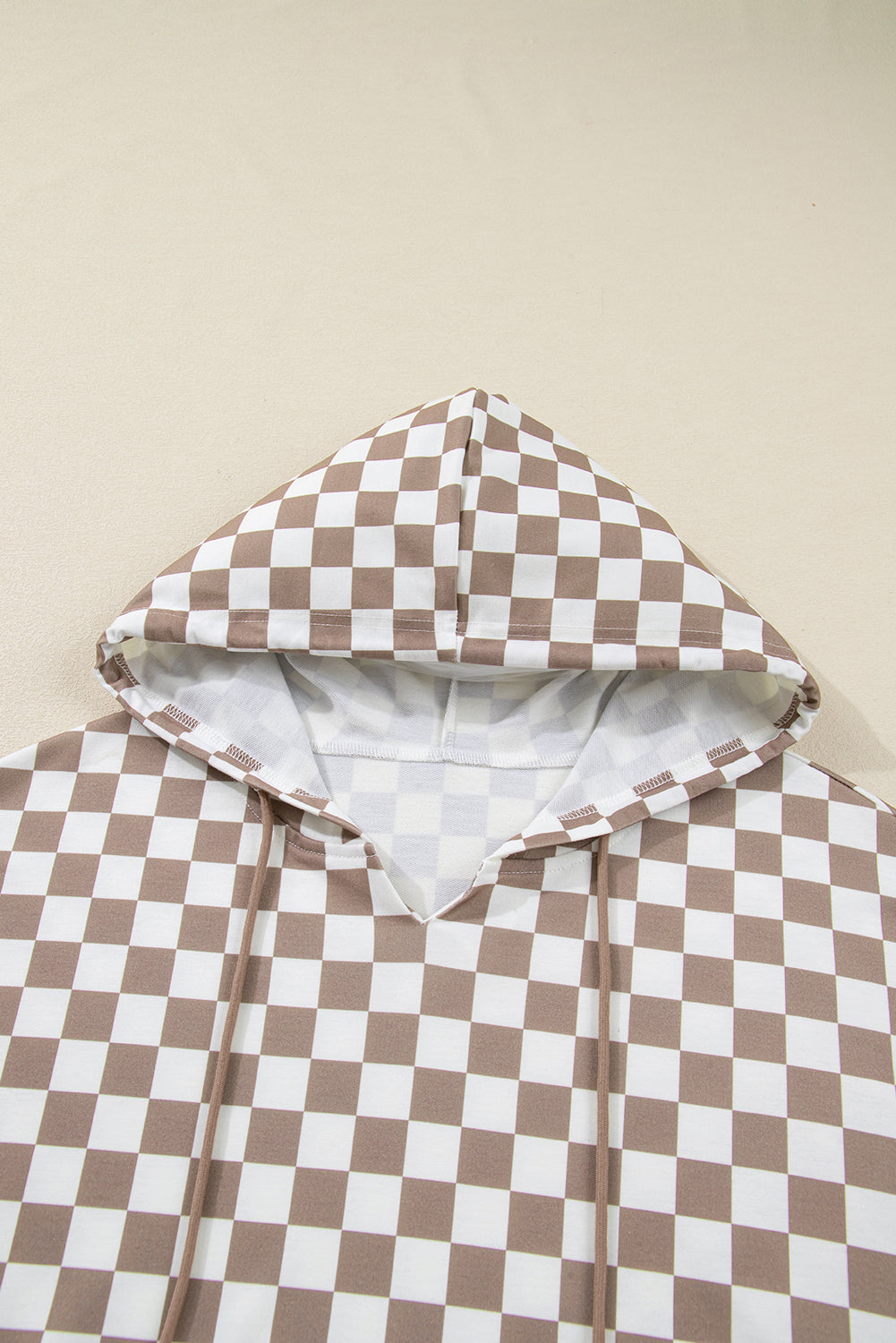 Khaki Double Checkered Patchwork Tie Neck Oversize Hoodie