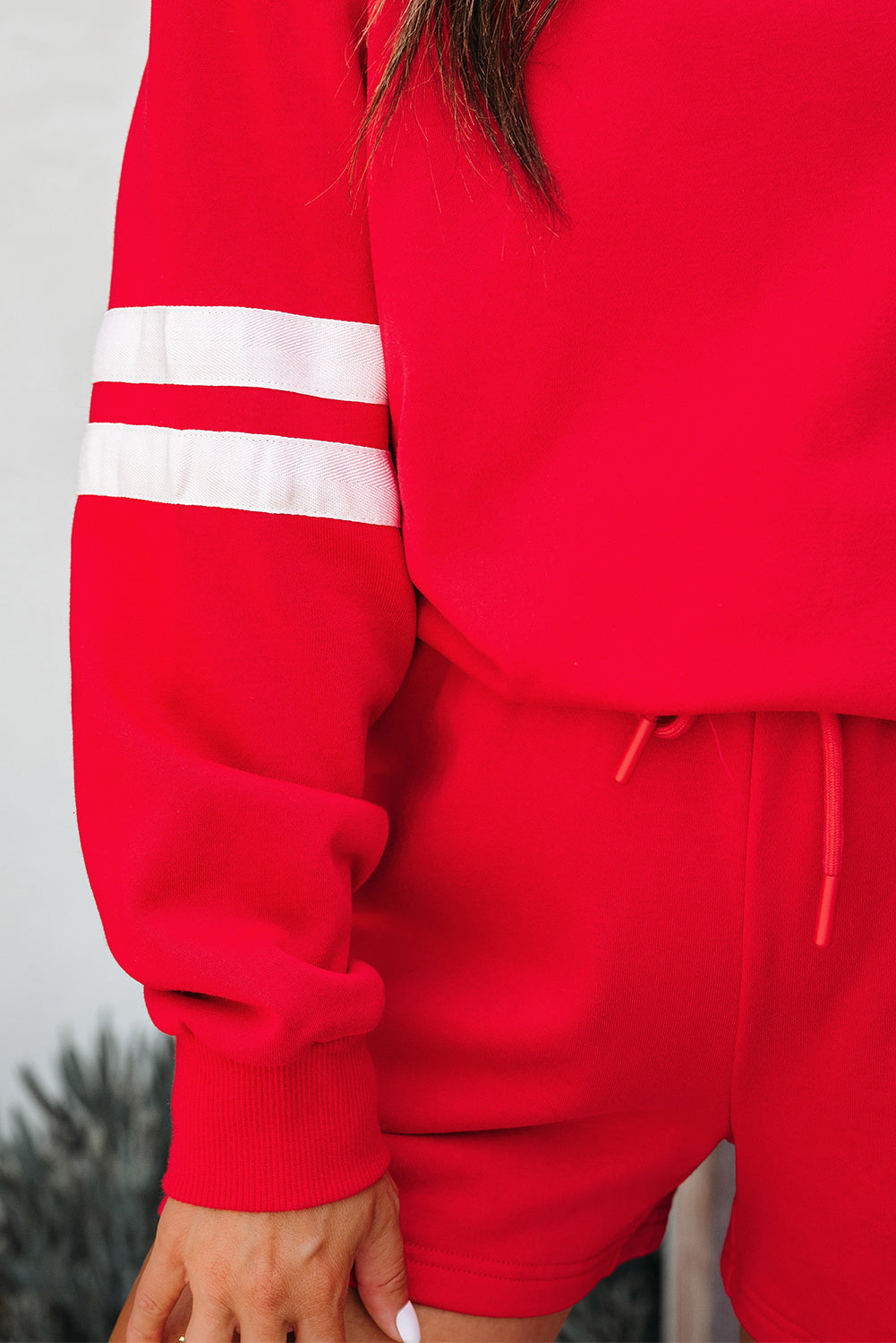 Fiery Red Varsity Striped Sleeve Drop Shoulder Sweatshirt and Short Set
