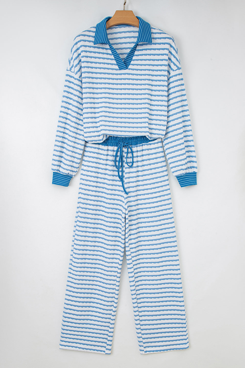 Sky Blue Stripe Collared Pullover Top and Drawstring Pant Set