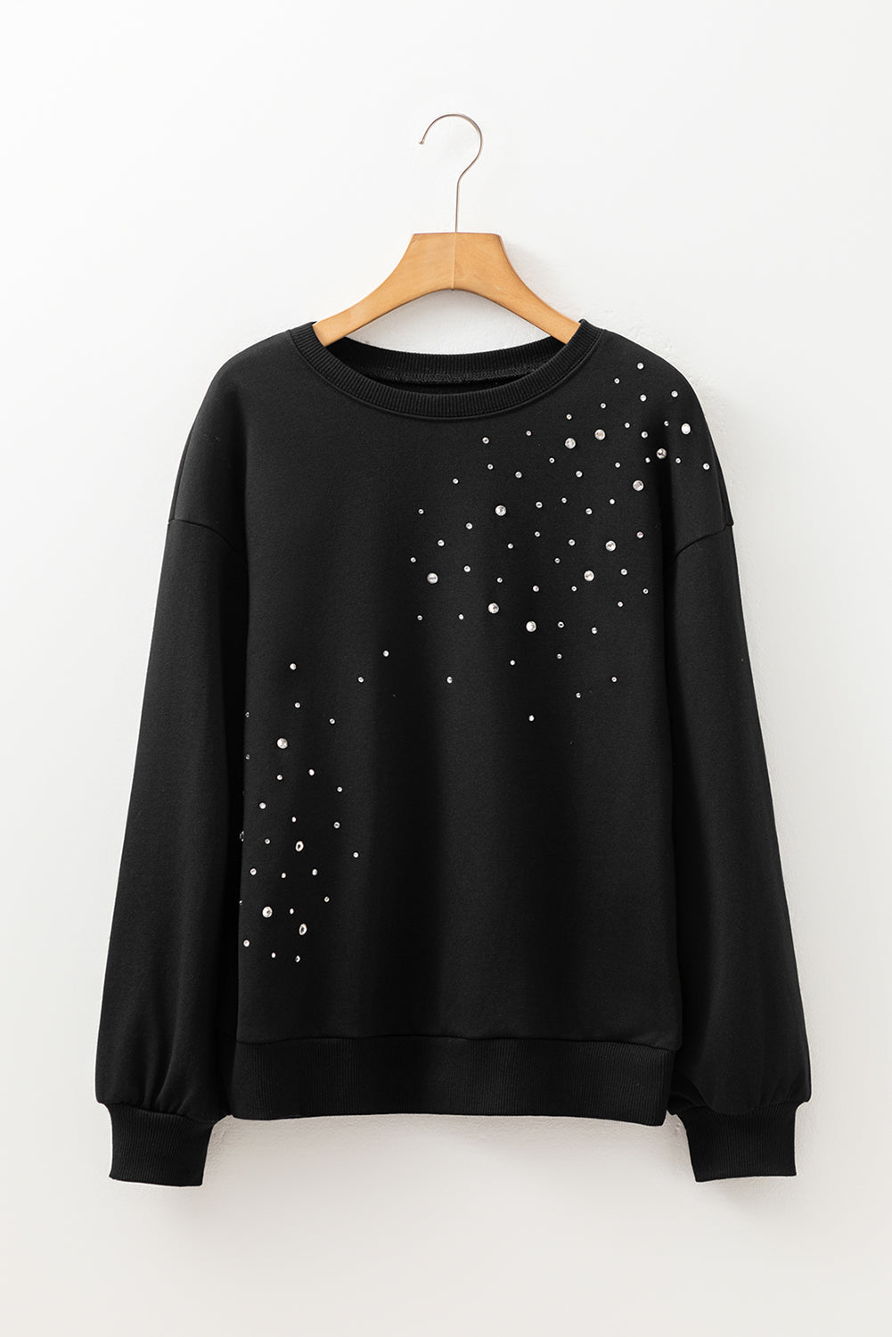 Black Rhinestone Embellished Drop Shoulder Ribbed Cuffs Wholesale Sweatshirt