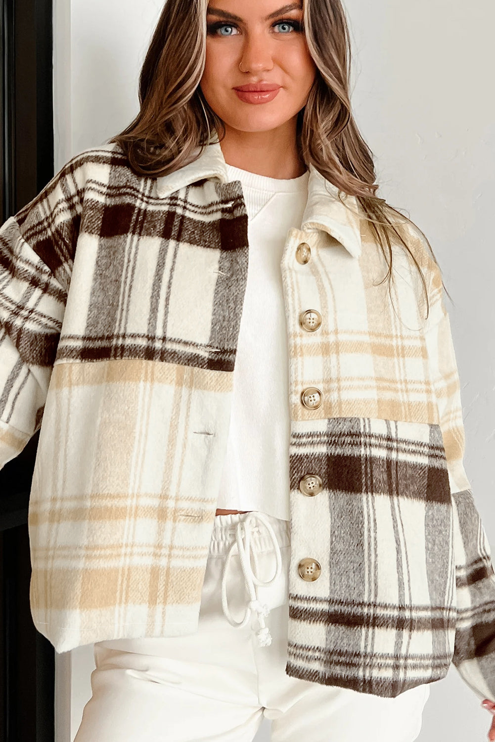 Multicolour Plaid Patchwork Side Pockets Buttoned Shacket