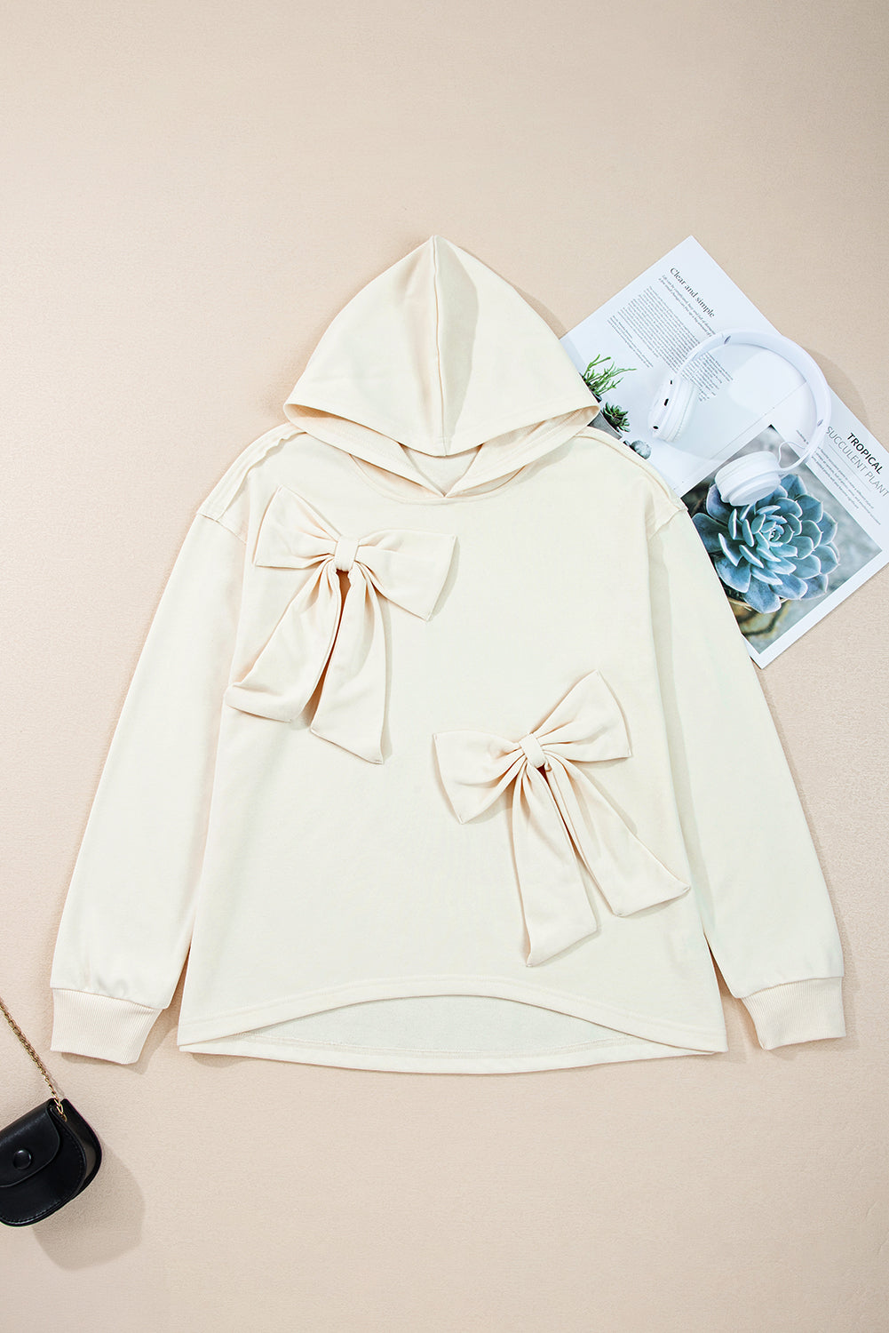 White Solid Color Cute Bow Detail Loose Hoodie