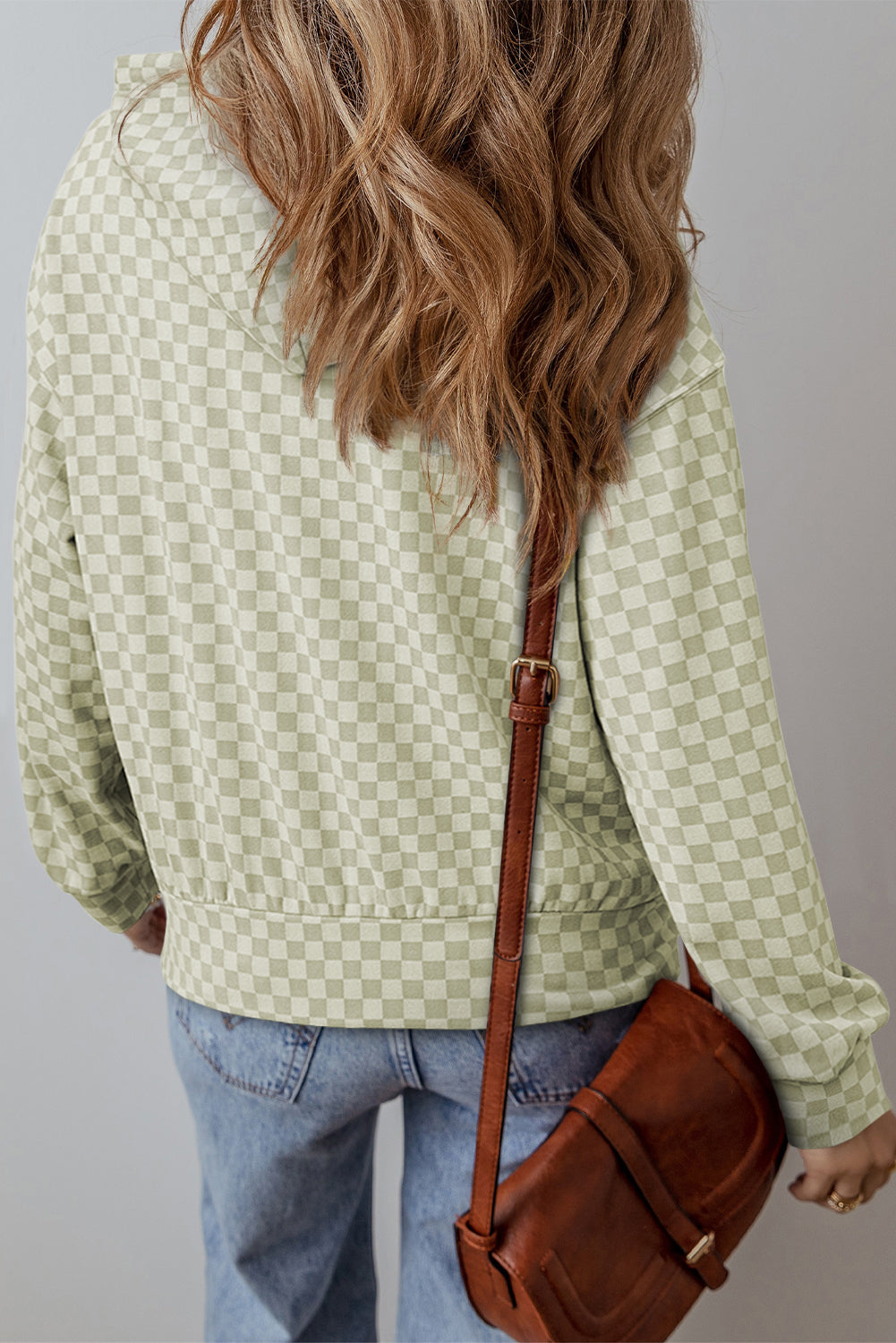 Green Checkered Print Kangaroo Pocket Drawstring Hoodie