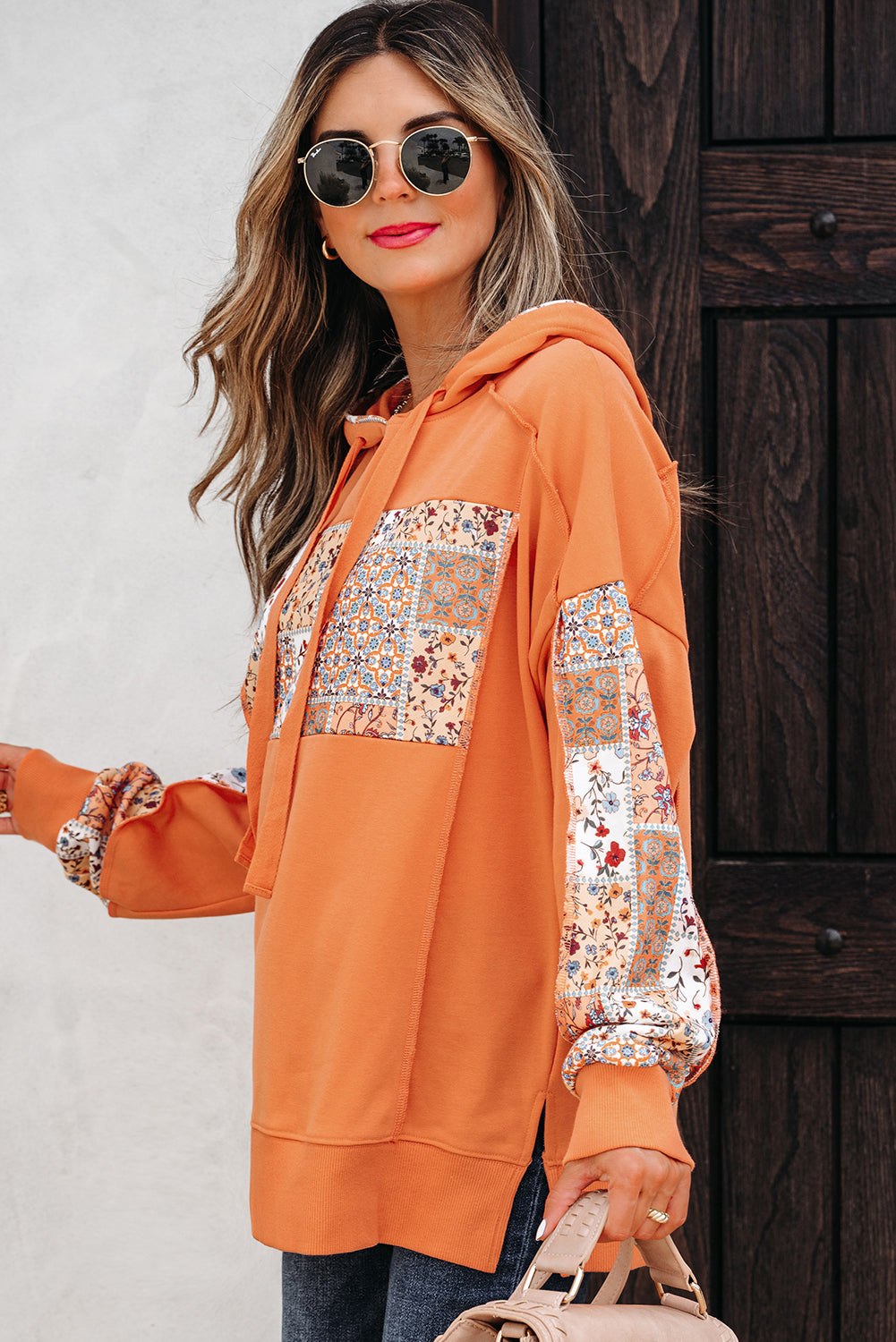 Flamingo Mix Floral Patchwork Side Slit Drawstring Hoodie