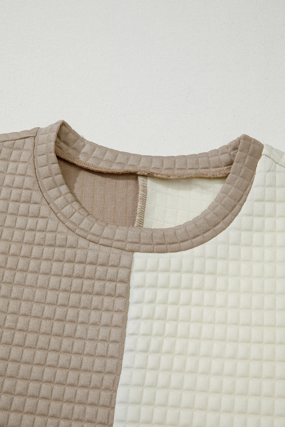 Khaki Color Block Patchwork Textured Long Sleeve Top 2pcs Short Set