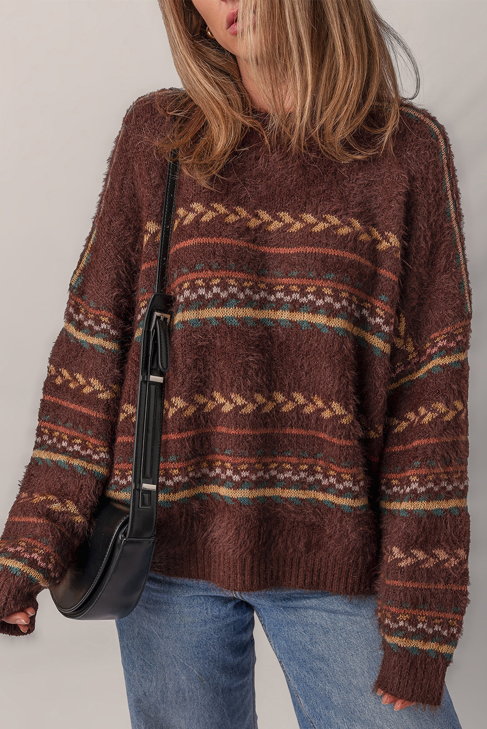 Brown Ethnic Pattern Mohair Knitted Drop Shoulder Sweater