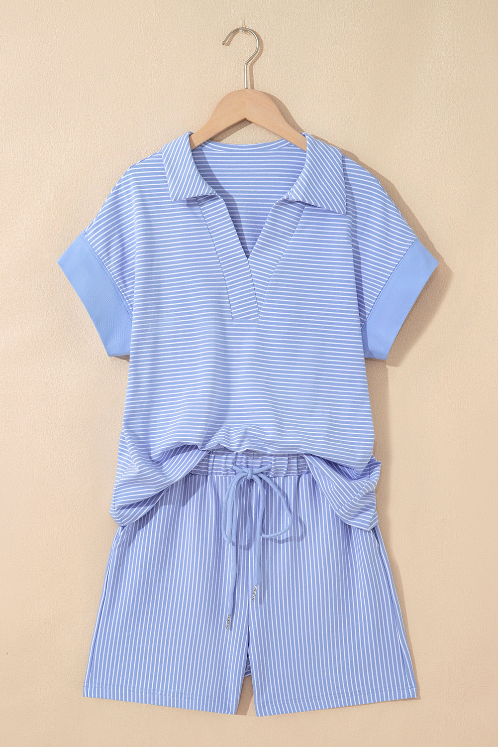 Sky Blue Stripe Dolman Sleeve Polo Shirt and Drawstring Shorts Set