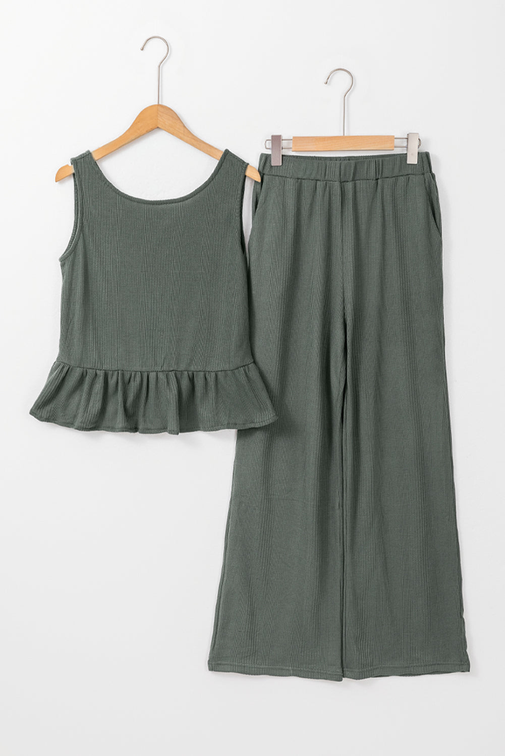 Duffel Green Solid Color Ribbed Ruffle Tank Top and Pants Set
