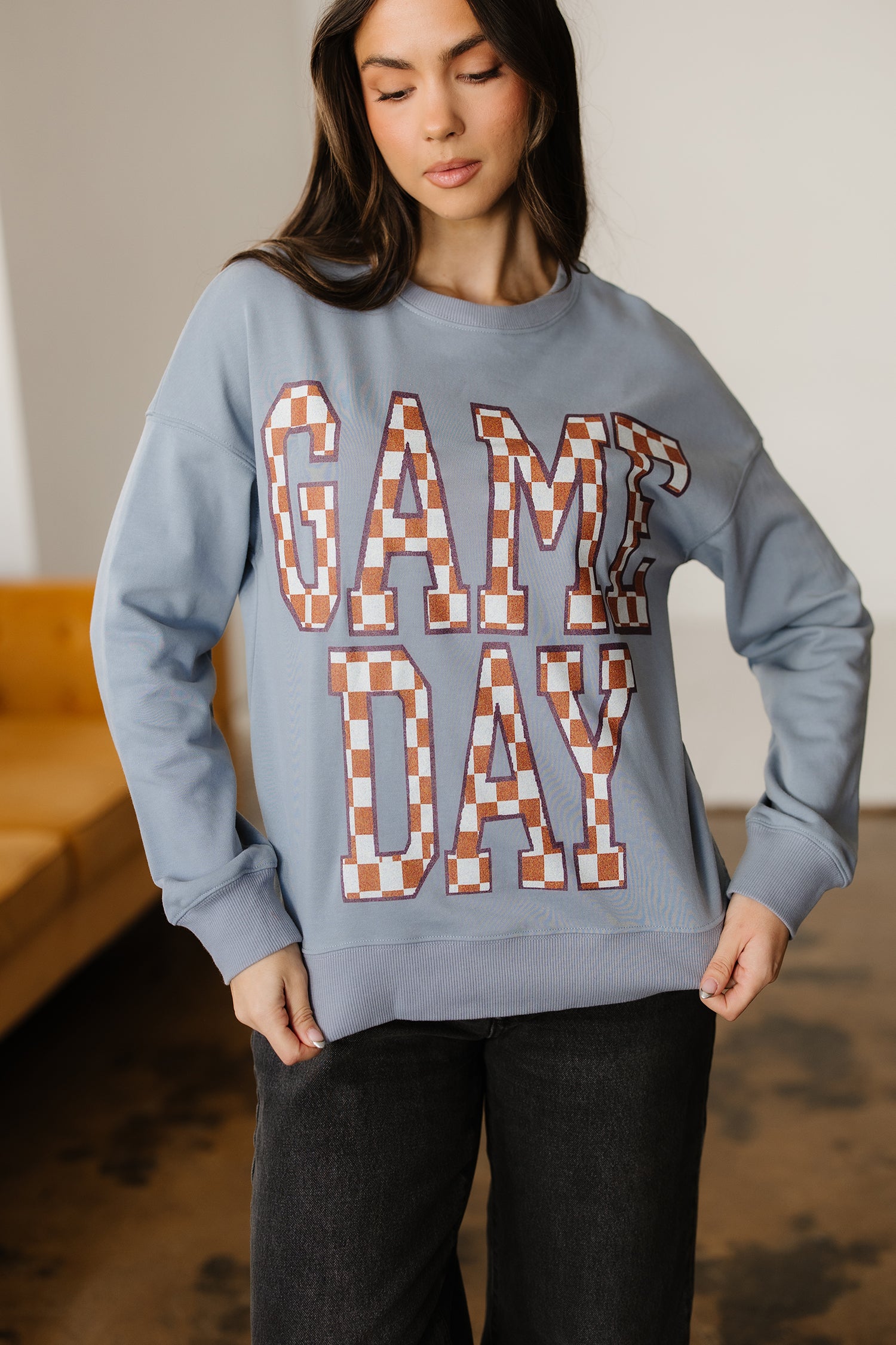 Sleet GAME DAY Checkered Letter Graphic Oversize Sweatshirt