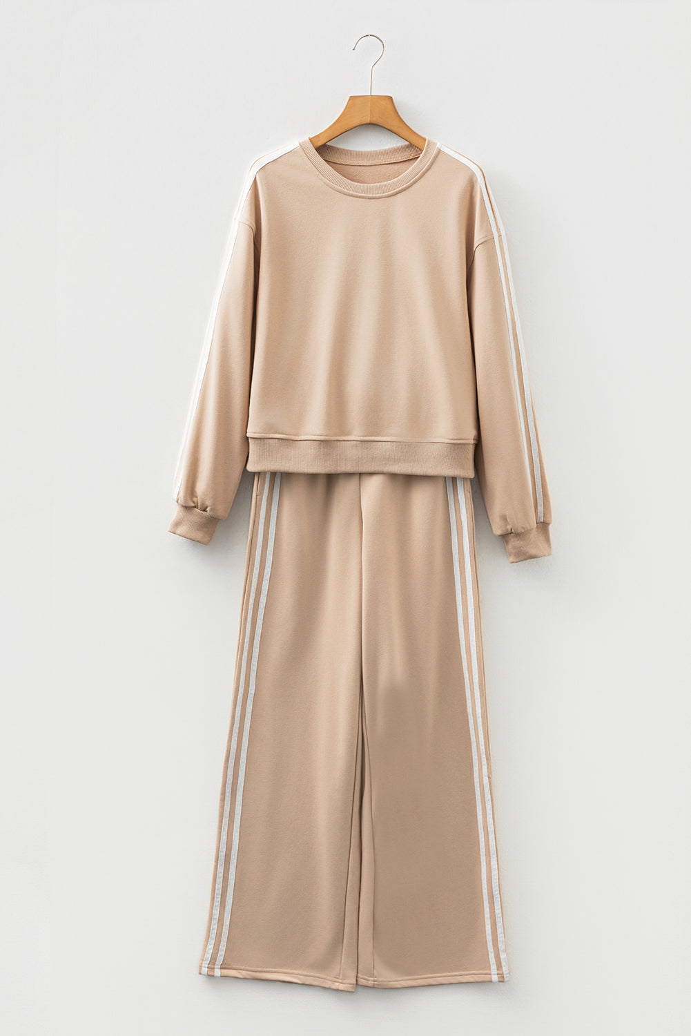 Oatmeal Varsity Striped Detail Crewneck Pullover Elastic Sweatpants 2pcs Outfit