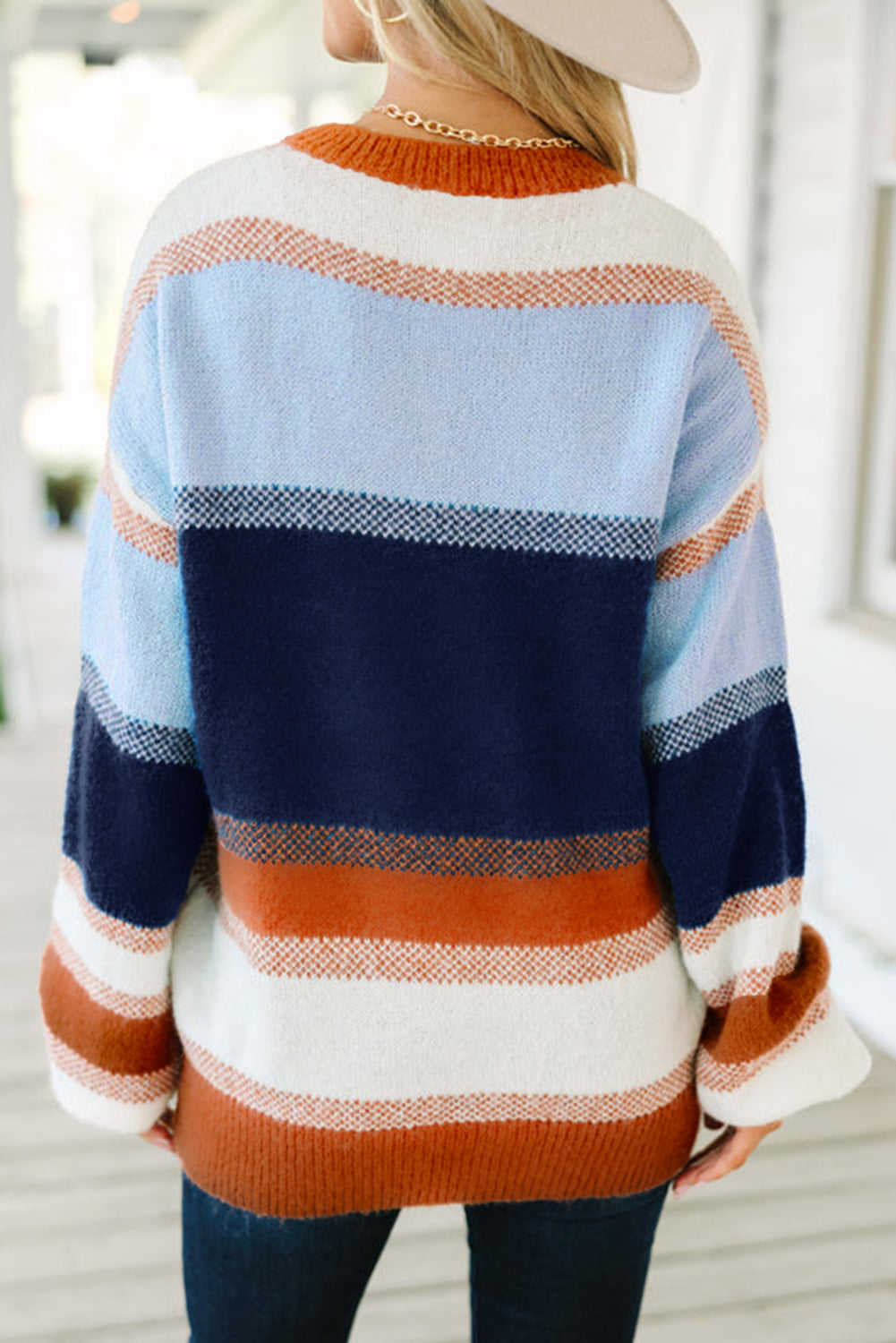 Dark Blue Color Block Round Neck Tunic Sweater