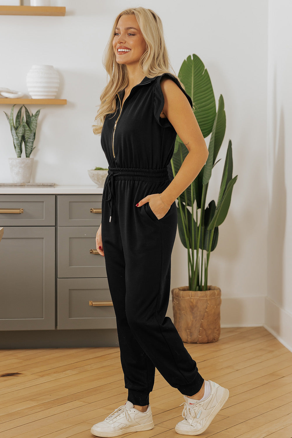 Black Zipper Flutter Sleeve Drawstring Elastic Waistband Jumpsuit